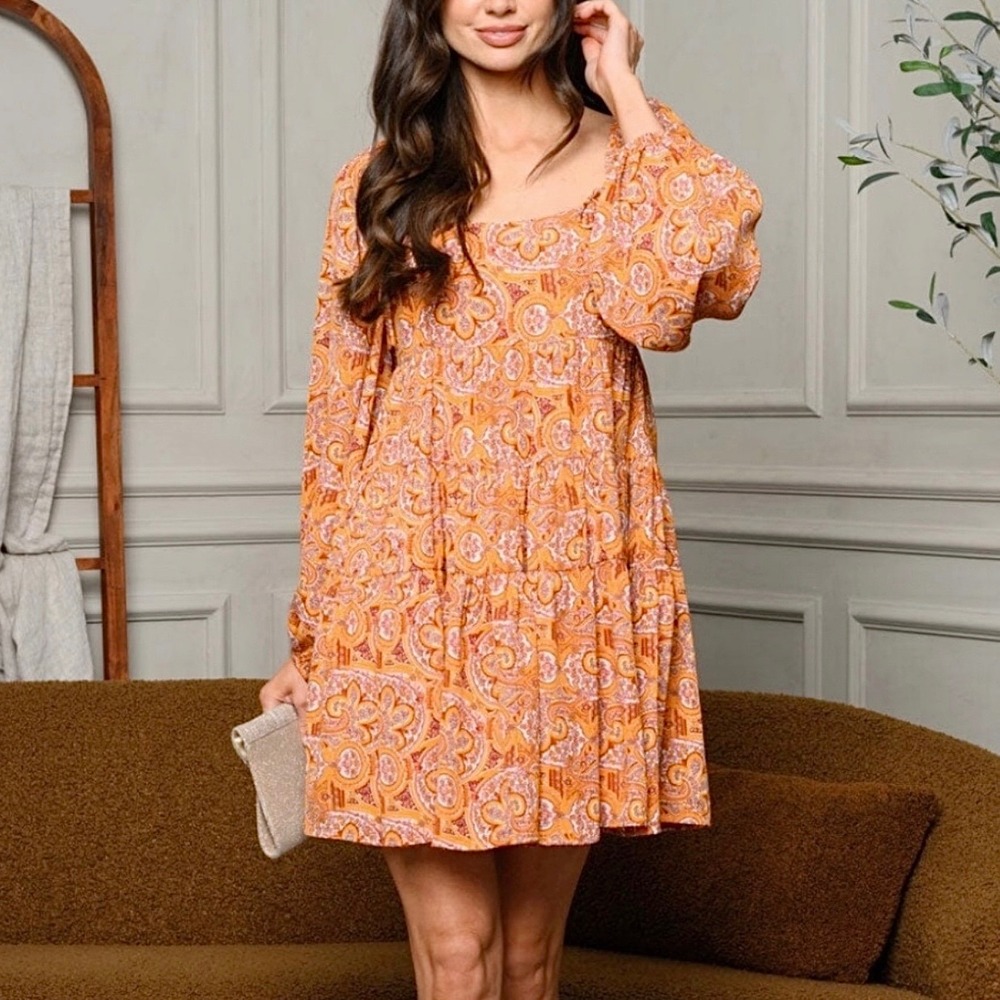 Jacquie‎ The Label Orange Paisley Bohemian Long Sleeve Swing Dress Size Small